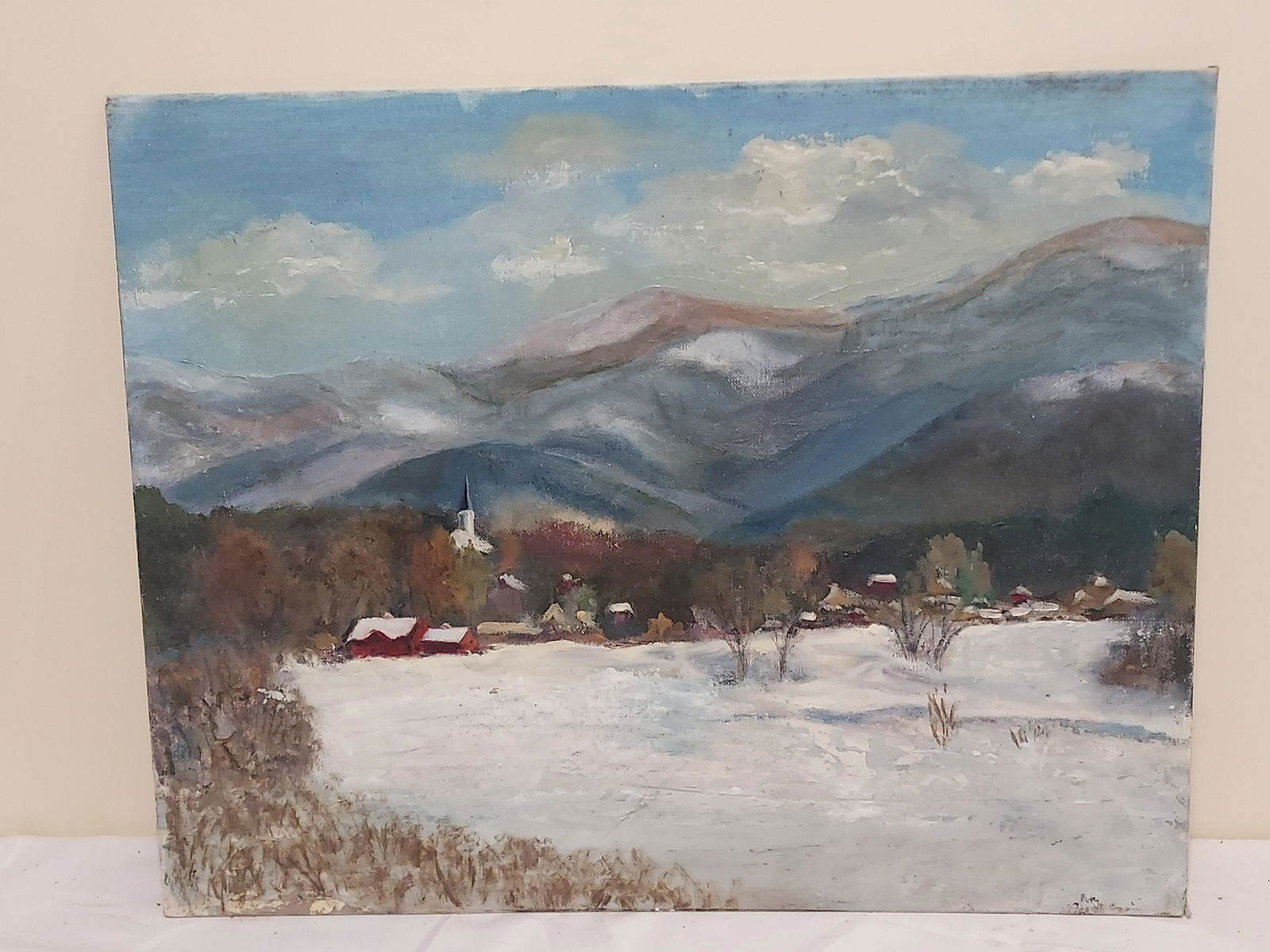 Unsigned oil on board winter country town scene (1 of 9)