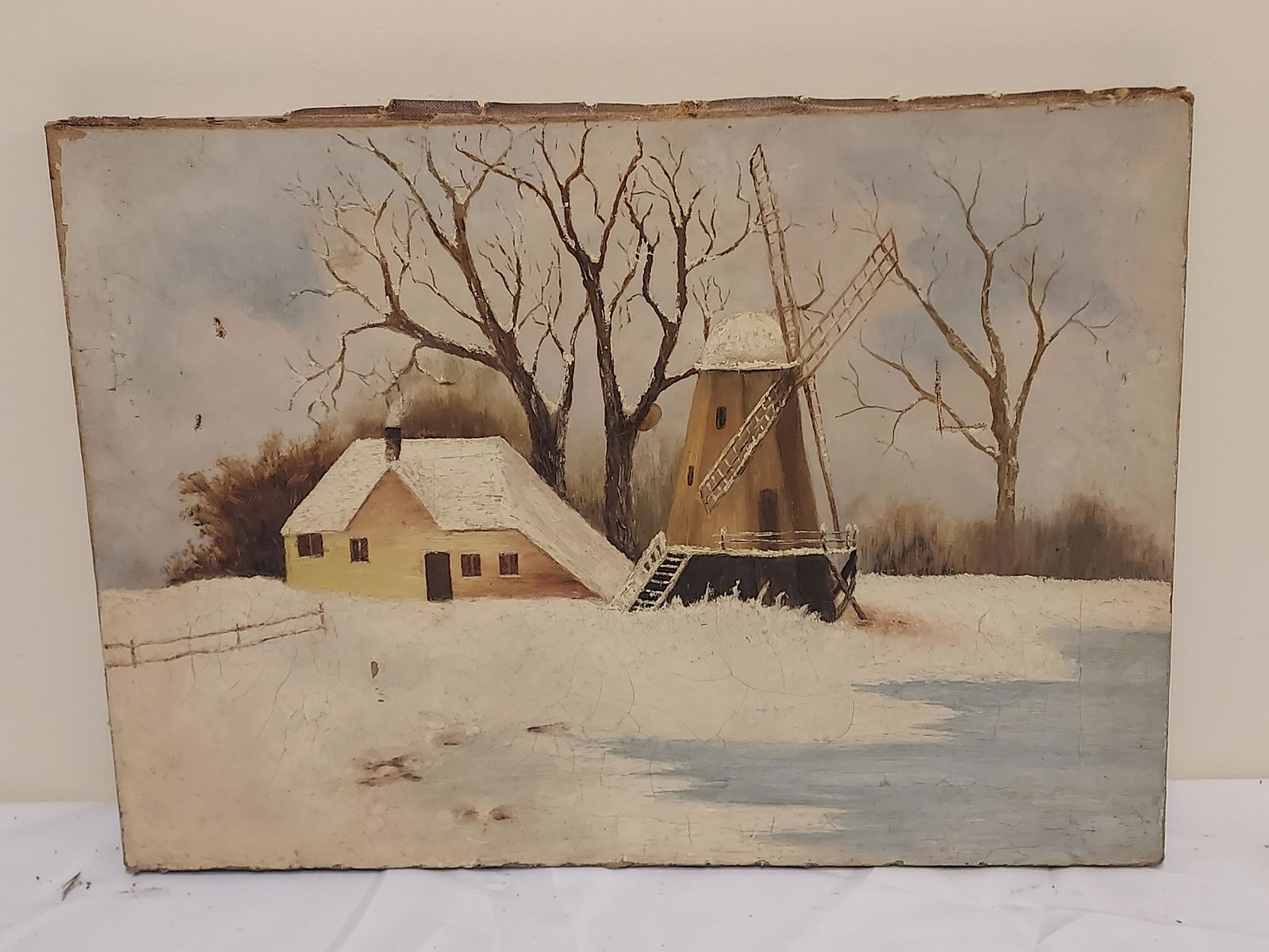 Unsigned oil on canvas winter windmill scene (1 of 12)