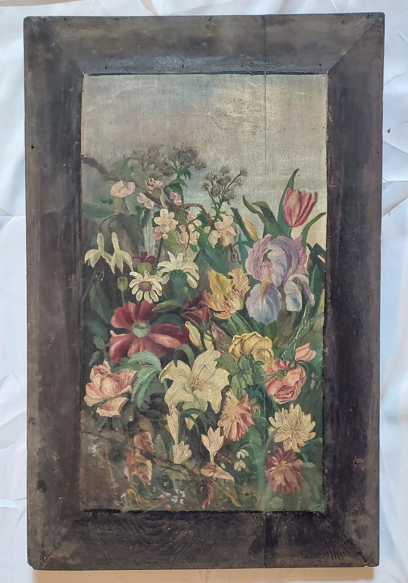 Unsigned Primitive oil on board floral scene (1 of 7)