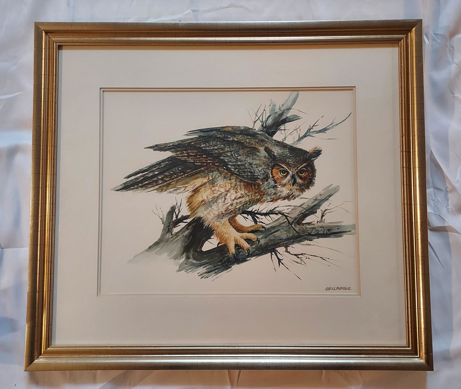 Signed illegibly Watercolor of a owl signed illegible (1 of 10)