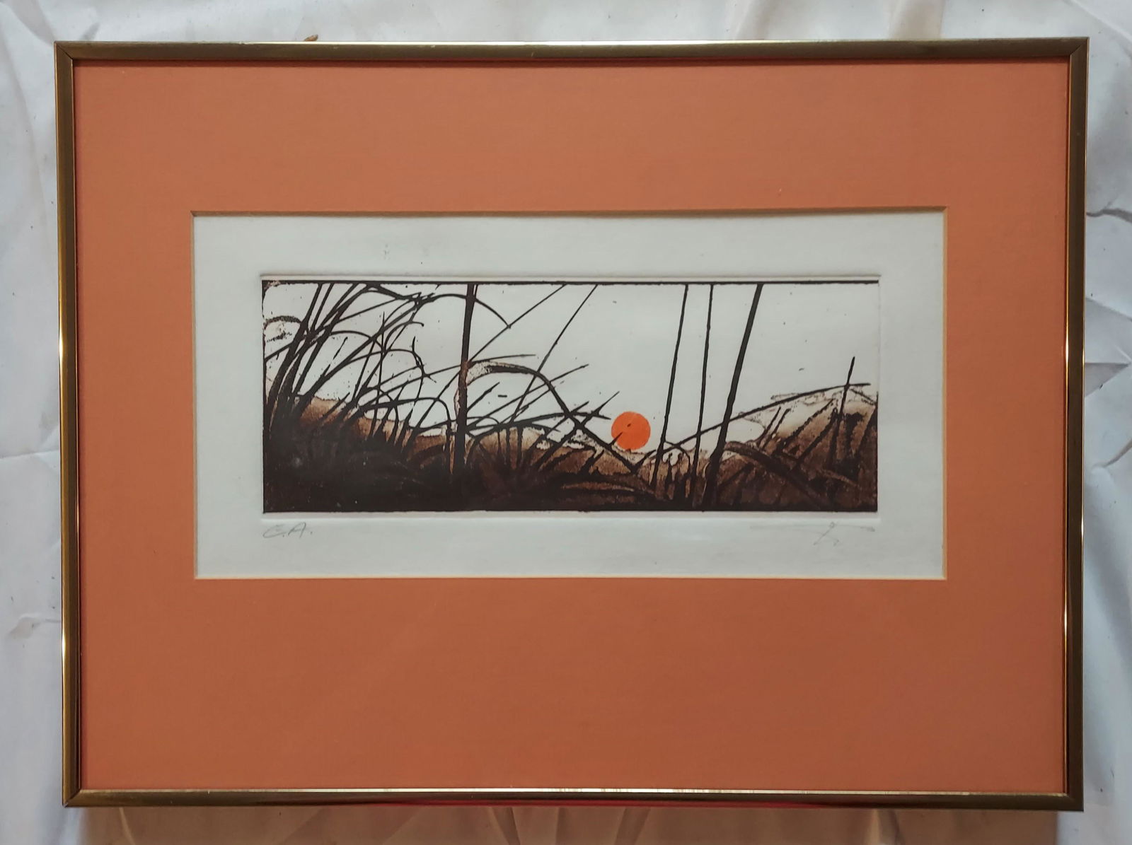 Signed illegibly Colored etching of reeds at sunset singed (1 of 10)