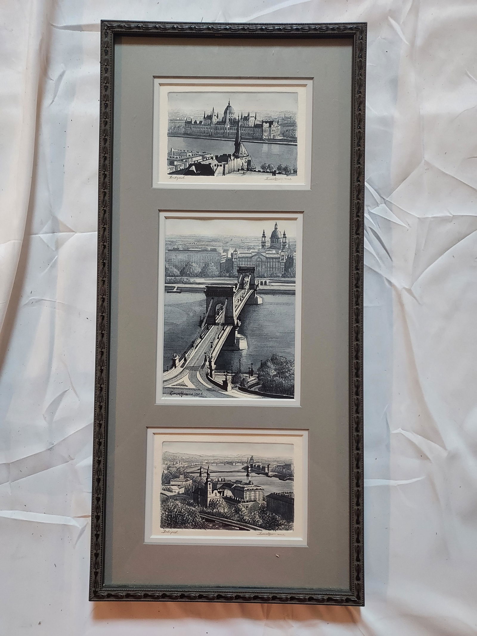 Signed illegibly 2 etchings and one watercolor of budapest (1 of 14)