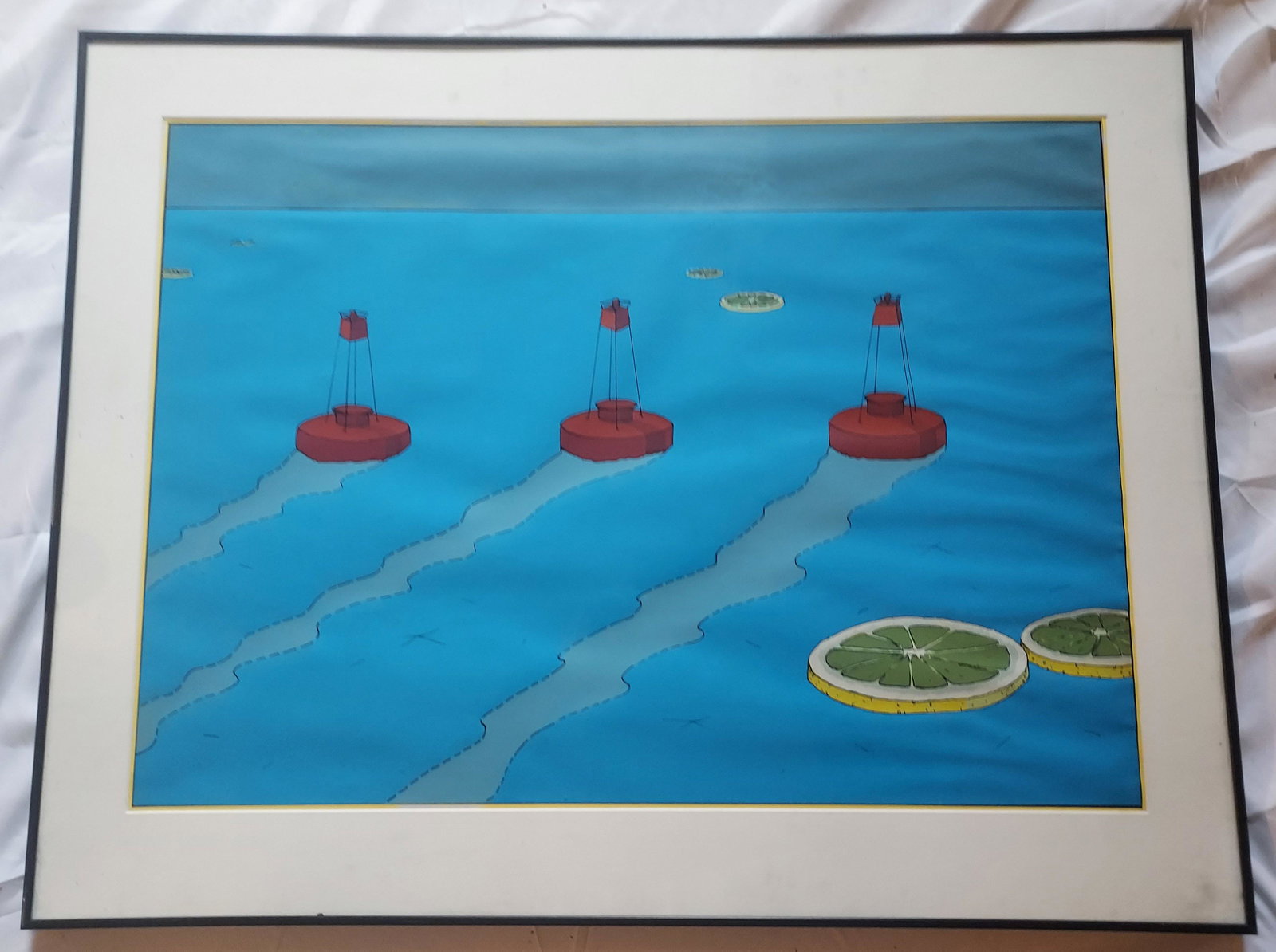 Unsigned pop art lemons floating with buoys: Unsigned pop art lemons floating with buoys 34 x 26 1/2 12lbs Condition as pictured, unless otherwise noted. If you have any question please contact us.