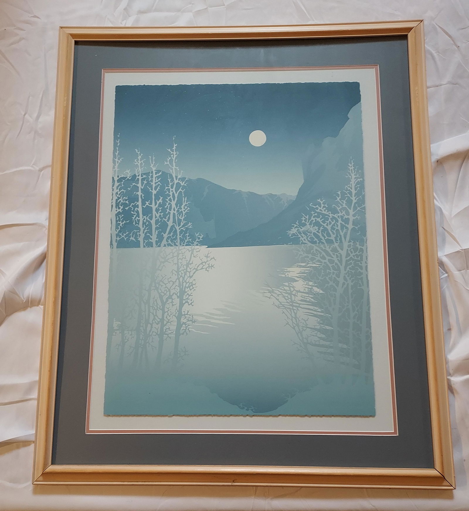Signed illegibly screen print signed numbered winter moon over mountains (1 of 11)