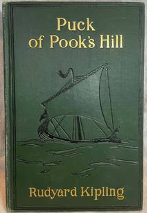 PUCK OF POOK'S HILL, FIRST EDITION, RUDYARD KIPLING, ILLUSTRATED BY ARTHUR RACKHAM, 1906: PUCK OF POOK'S HILL, FIRST EDITION, RUDYARD KIPLING, ILLUSTRATED BY ARTHUR RACKHAM, 1906, inscribed by previous owners, features a series of fantasy short stories. See photos for damage. Some pages