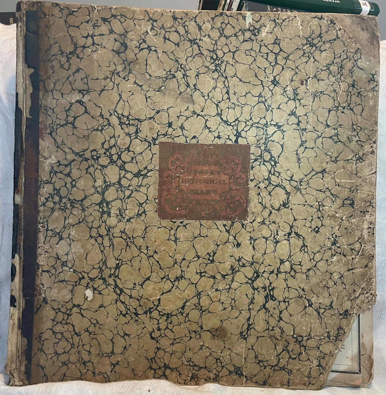 HISTORICAL CHART, AZEL S LYMAN, 1845, JAMES H DOUGHTY CO: HISTORICAL CHART, AZEL S LYMAN, 1845, JAMES H DOUGHTY CO, starting at 2000 BC, and ending in 1845. Includes inscriptions and notes from the previous owner. Very unsual book. See photos for damage.