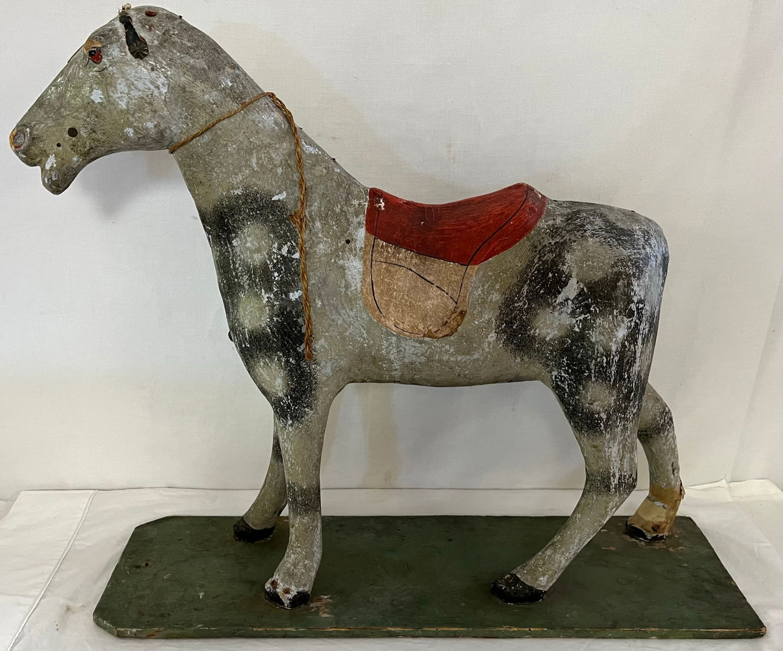 Lg. 19th C. Painte Decorated Papier Mache Horse On Wooden Base Auction