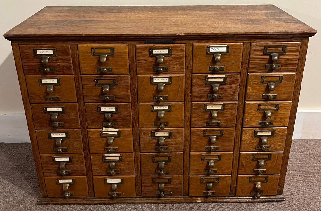 ANTIQUE OAK 30 DRAWER FILE UNIT / CABINET WITH BRASS HARDWARE (1 of 8)