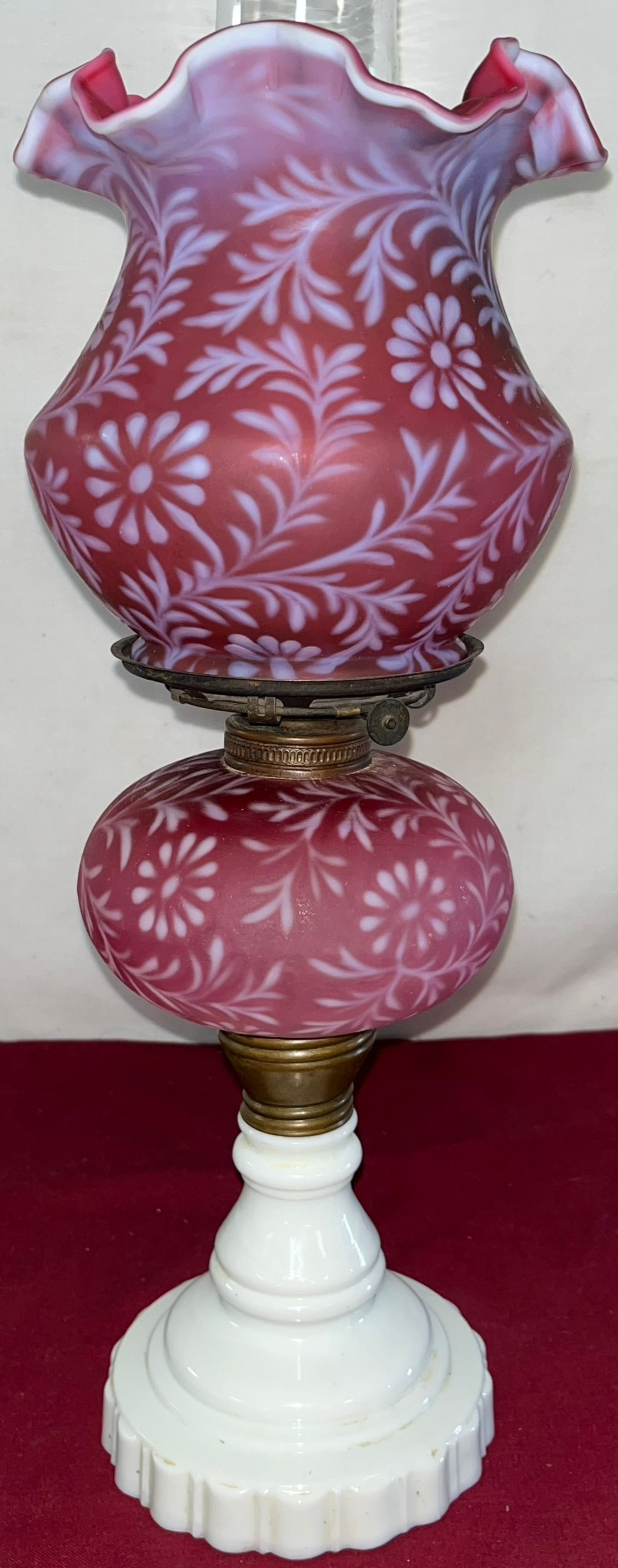 L.G. WRIGHT / FENTON CRANBERRY OPALESCENT OIL LAMP (1 of 10)