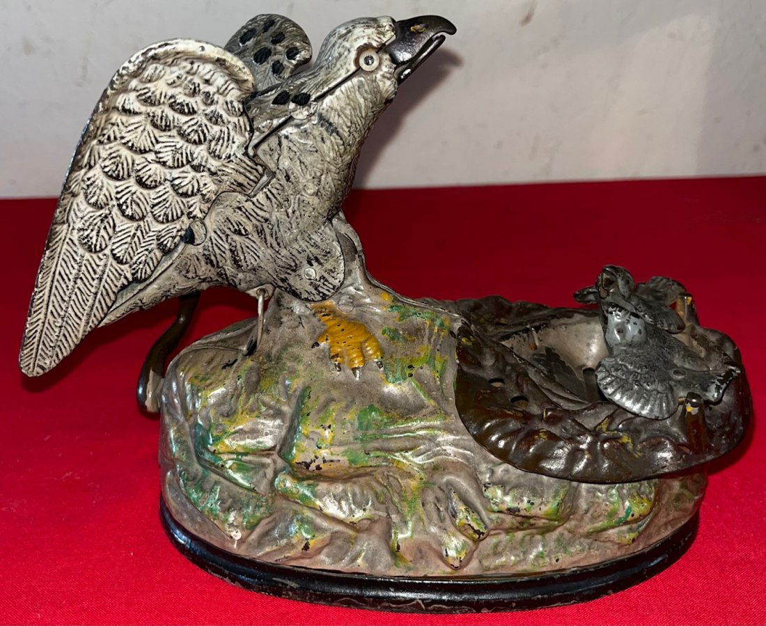 ORIGINAL 1883 J. E. STEVENS CAST IRON EAGLE & EAGLETS MECHANICAL BANK (1 of 14)