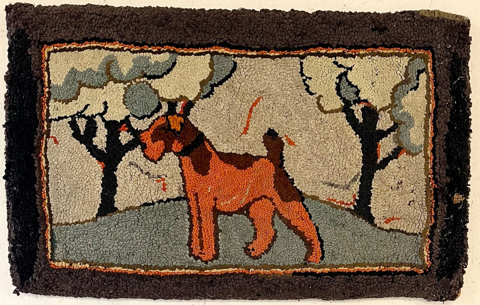 ANTIQUE FOLKART HOOKED RUG WITH DOG, TREES, ETC. (1 of 9)