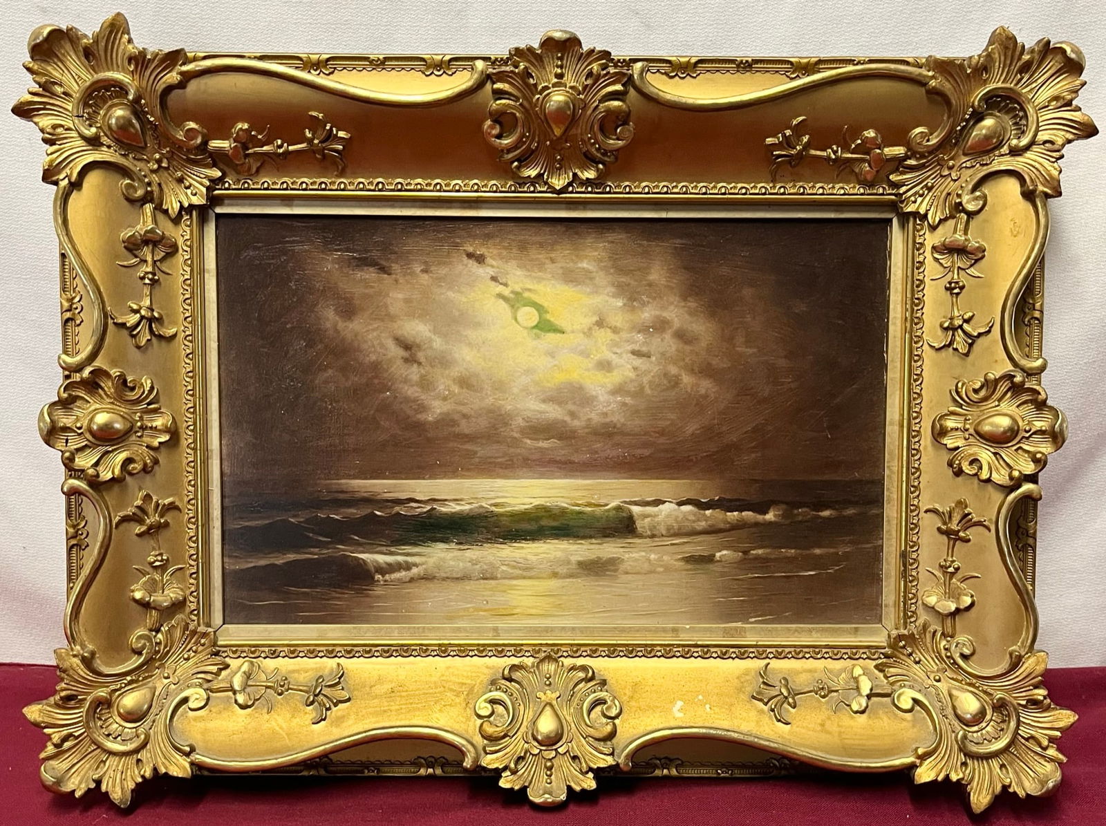 ANTIQUE OIL ON BOARD SEASCAPE PAINTING IN ORNATE GILT FRAME (1 of 6)