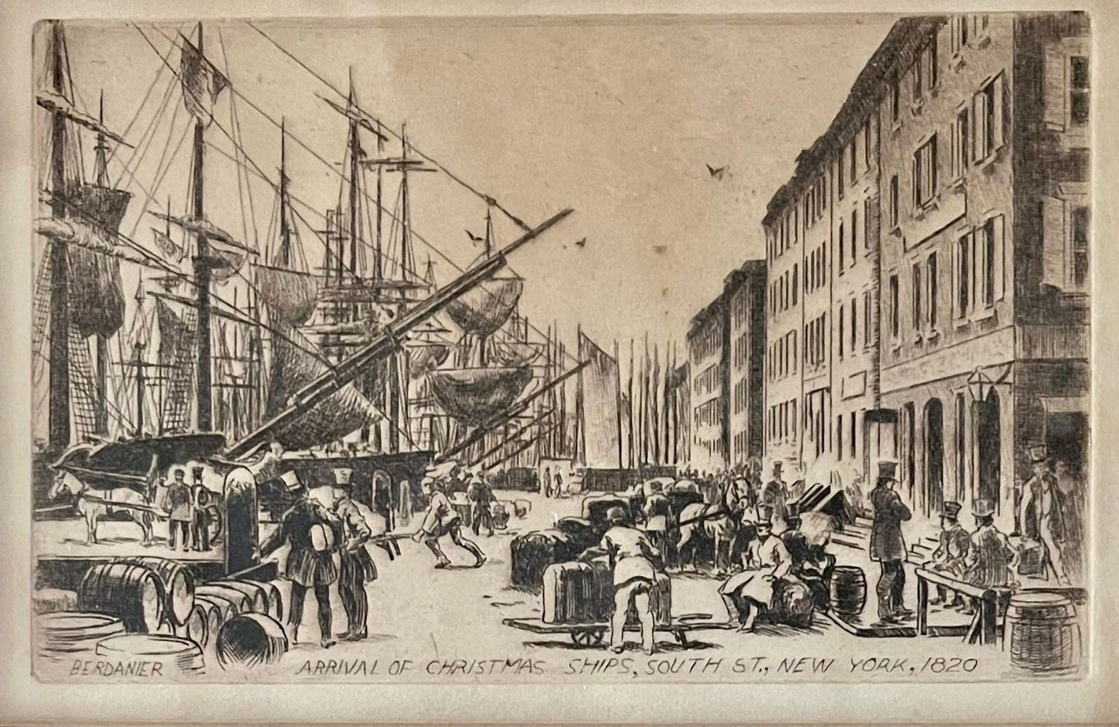 19TH C. ETCHING "ARRIVAL OF CHRISTMAS SHIPS NEW YORK 1820" BY BERDANIER (1 of 8)