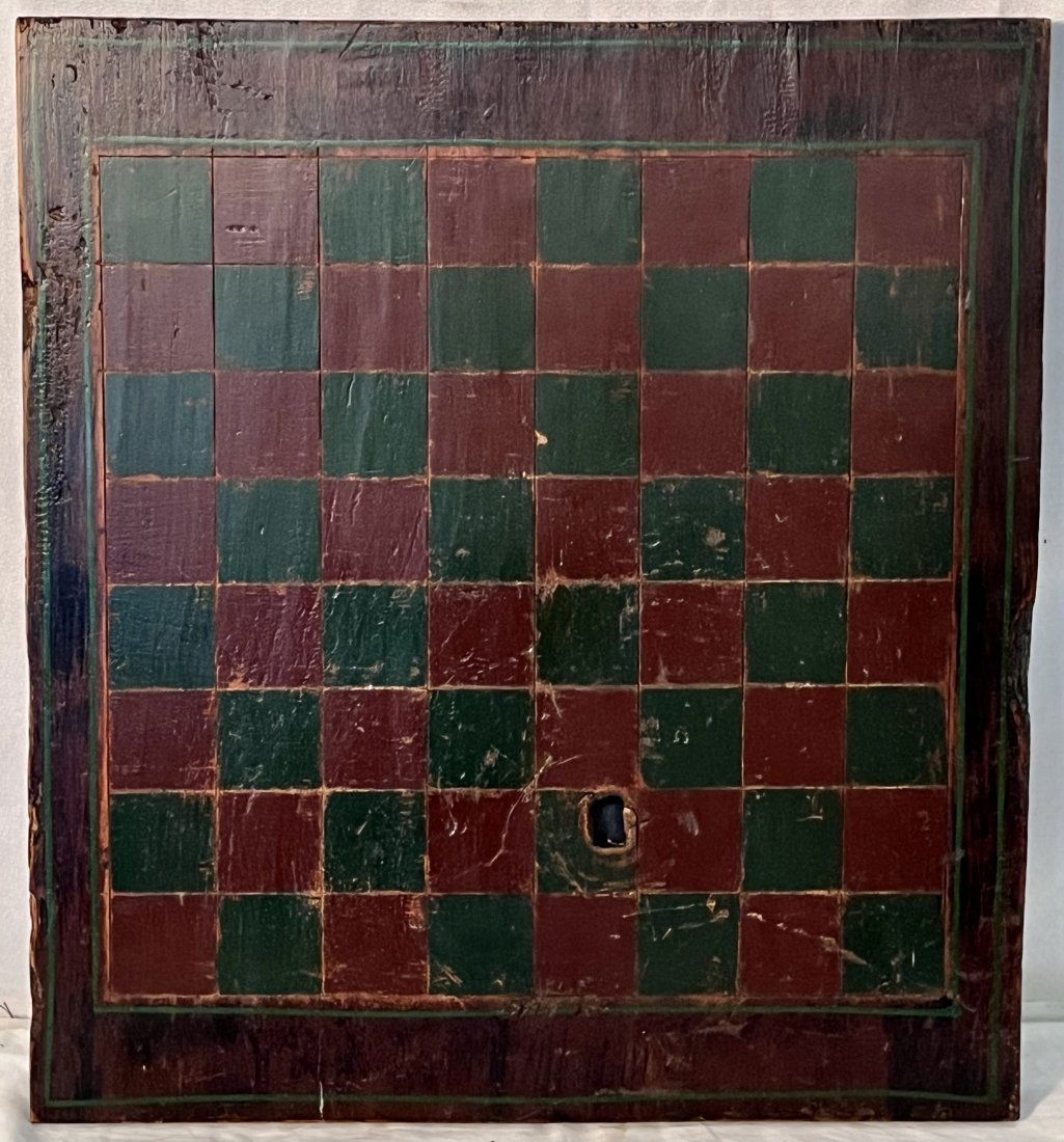 19TH C. RED & GREEN PAINT DECORATED GAMEBOARD: 19TH C. RED & GREEN PAINT DECORATED GAMEBOARD WITH HISTORY - STENCILED ON REVERSE "O.O. HOWARD POST 33" - THIS GAMEBOARD RESIDED IN THE G.A.R. (GRAND ARMY OF THE REPUBLIC - founded in 1866 - UNION VET