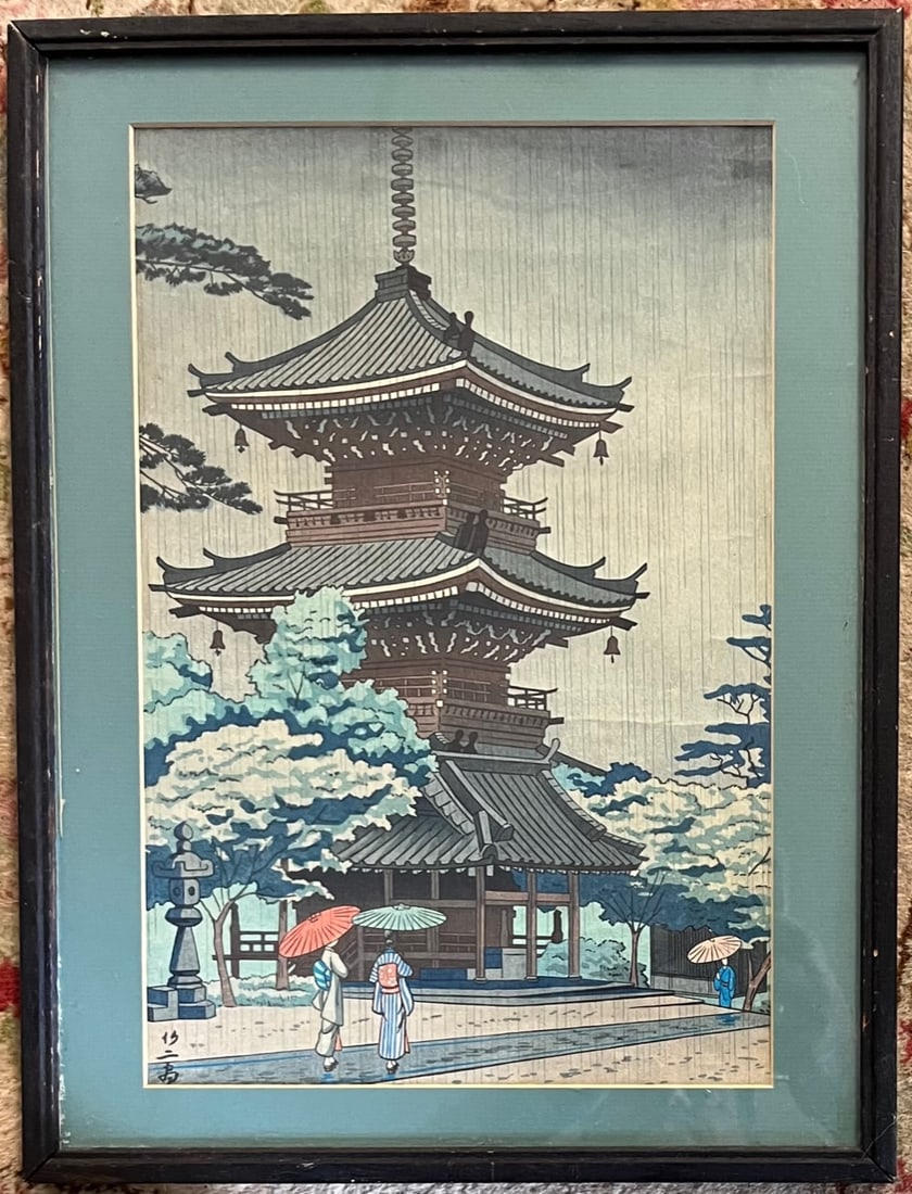 ARTIST SIGNED JAPANESE WOODBLOCK PRINT - TAKEJI ASANO, 1900-1998: ARTIST SIGNED JAPANESE WOODBLOCK PRINT "RAIN IN SHINNYODO" - ARTIST TAKEJI ASANO, 1900-1998 - SHINHANGA ARTIST - PLEASE VIEW ALL PHOTOS FOR DETAILS AND CONDITION