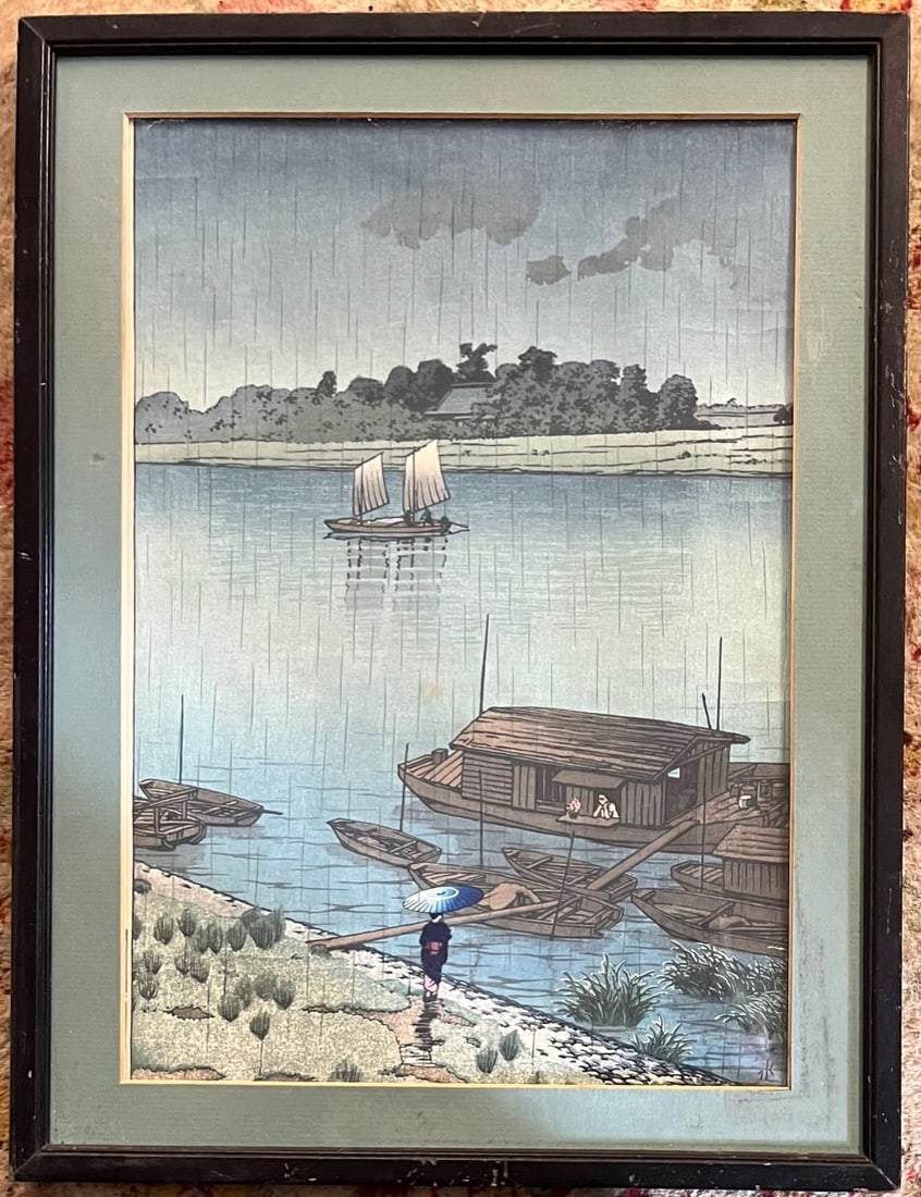 ARTIST SIGNED JAPANESE WOODBLOCK PRINT - KAWASE HASUI: ARTIST SIGNED JAPANESE WOODBLOCK PRINT - YEAR 1932 "SPRING RAIN AT ARAKAWA RIVER" - ARTIST KAWASE HASUI - PLEASE VIEW ALL PHOTOS FOR DETAILS AND CONDITION