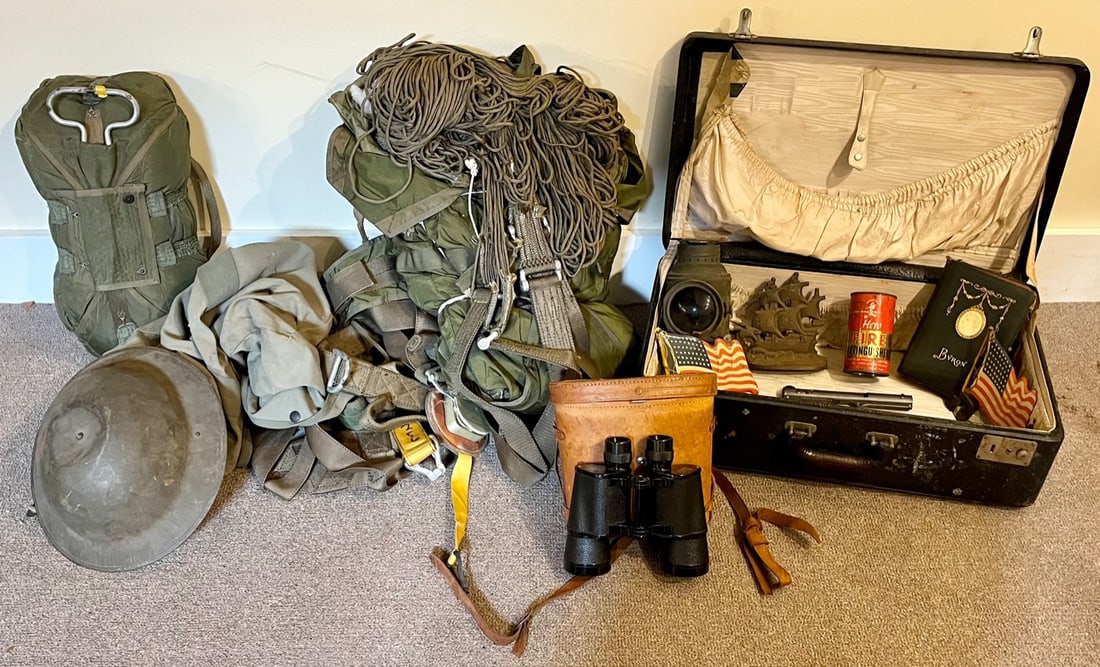 LG. 20TH C. MILITARY LOT INCLUDING PARACHUTES, HELMET, ETC. (1 of 20)