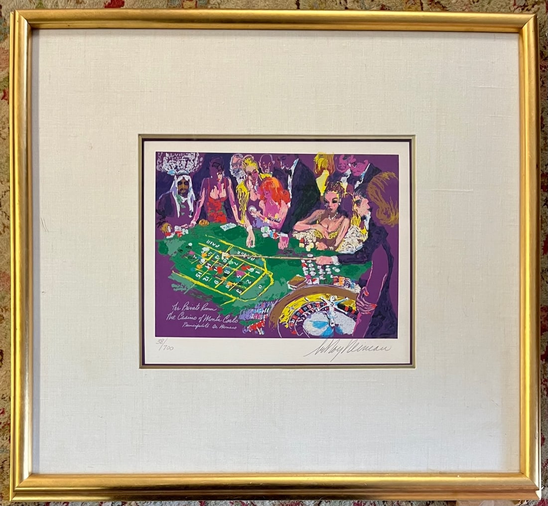 LEROY NEIMAN SERIGRAPH "THE PRIVATE ROOM / THE CASINO OF MONTE CARLO": LEROY NEIMAN SERIGRAPH "THE PRIVATE ROOM / THE CASINO OF MONTE CARLO" #38 / 700 - ARTIST SIGNED IN PENCIL LOWER RIGHT - TRIPLE MATTED, TOP MATT IS LINEN - FRAME 23 1/2" X 21 5/8 - SITE 10 1/2" X 8" -