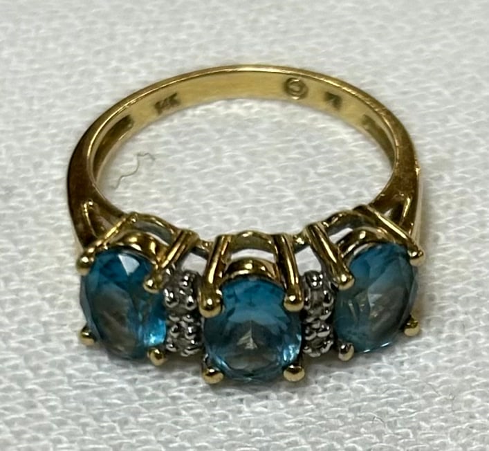 14K YELLOW GOLD, BLUE TOPAZ & DIAMOND RING - 3.9 GRAMS (1 of 5)