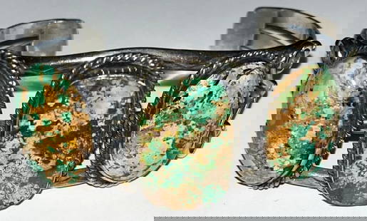 NATIVE AMERICAN STERLING & TURQUOISE CUFF BRACELET: NATIVE AMERICAN STERLING & TURQUOISE CUFF BRACELET - 3 LARGE NATURAL TURQUOISE CABOCHON STONES - LARGEST CENTER STONE MEASURES 1 1/8" X 11/18" - ARTIST SIGNED ON INTERIOR - 6" INTERIOR MEASUREMENT - 7