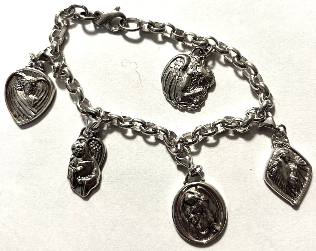 STERLING SILVER CHARM BRACELET WITH 5 RELIGIOUS STERLING CHARMS (1 of 6)