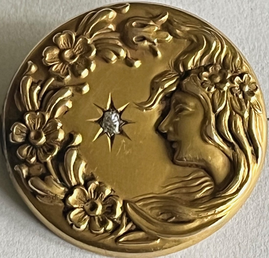 10K YELLOW GOLD ART NOUVEAU BROOCH W/ DIAMOND - 5.15 GRAMS (1 of 4)
