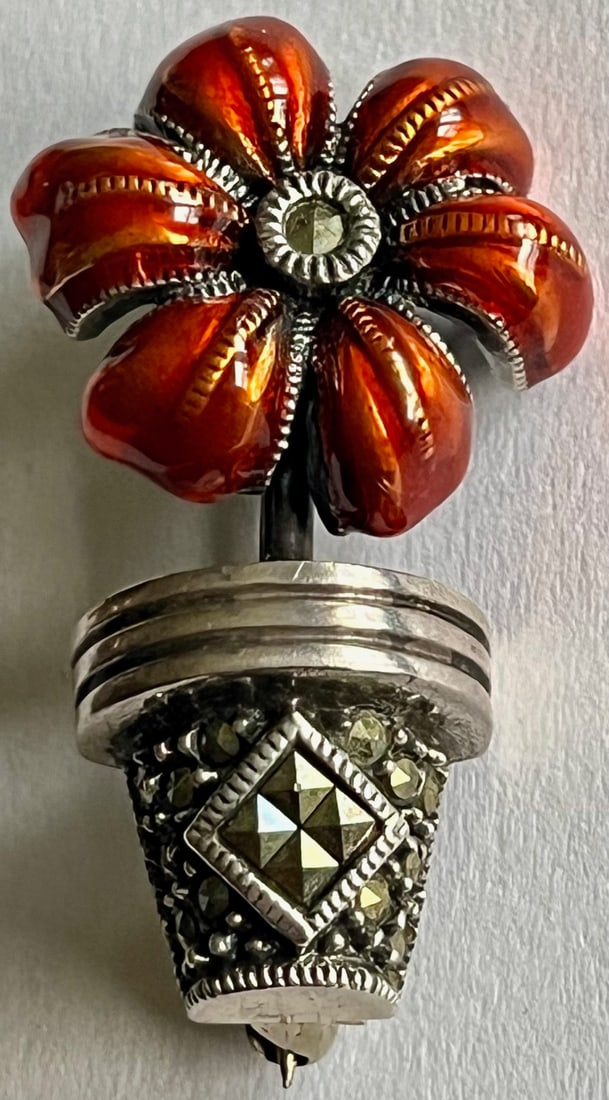 VINTAGE STERLING, ENAMEL, MARCASITE POTTED FLOWER BROOCH / PIN (1 of 6)
