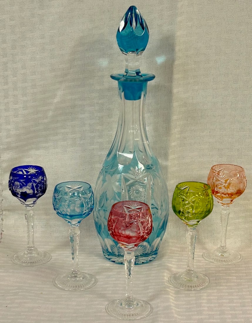 6 PIECE BOHEMIAN COLORED CUT GLASS DECANTER SET (1 of 5)