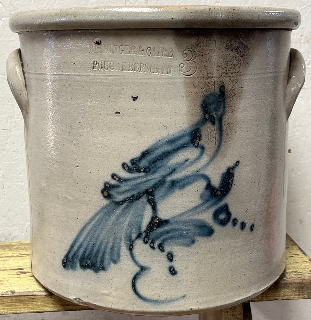 19th C. Blue Decorated Stoneware Crock With Bird Auction