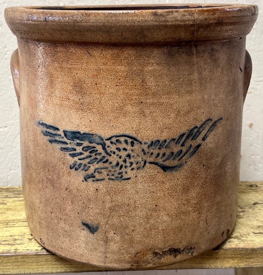 19TH C. BLUE DECORATED STONEWARE CROCK - STENCILED EAGLE (1 of 12)