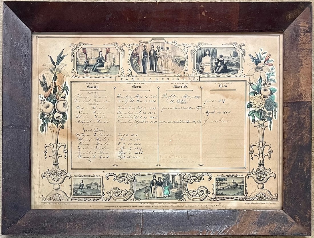 19TH C. COLORED FAMILY REGISTRY ENGRAVING - 18TH / 19TH C. ENTRIES (1 of 8)