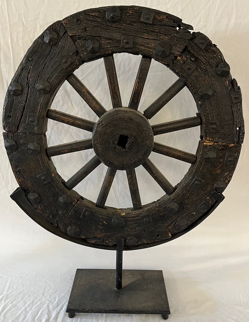 EARLY WOOD AND WROUGHT IRON WHEEL ON CUSTOM STAND (1 of 4)