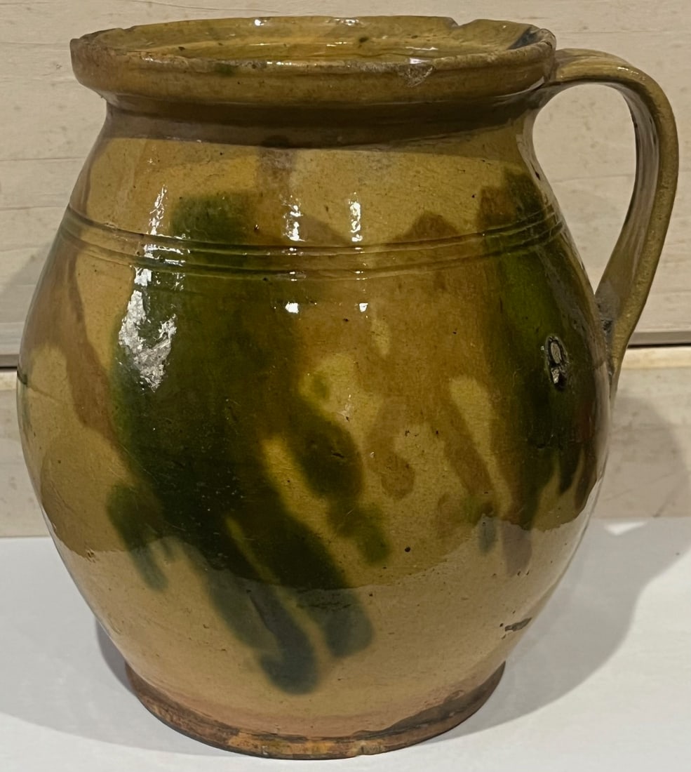 19TH C. REDWARE MULTI-GLAZED HANDLED POT (1 of 7)