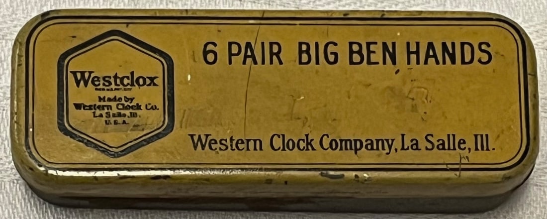 WESTCLOX BIG BEN CLOCK HANDS TIN WITH HANDS: WESTCLOX BIG BEN CLOCK HANDS TIN WITH VINTAGE CLOCK HANDS - "6 PAIR BIG BEN HANDS" - 2 5/8" LONG