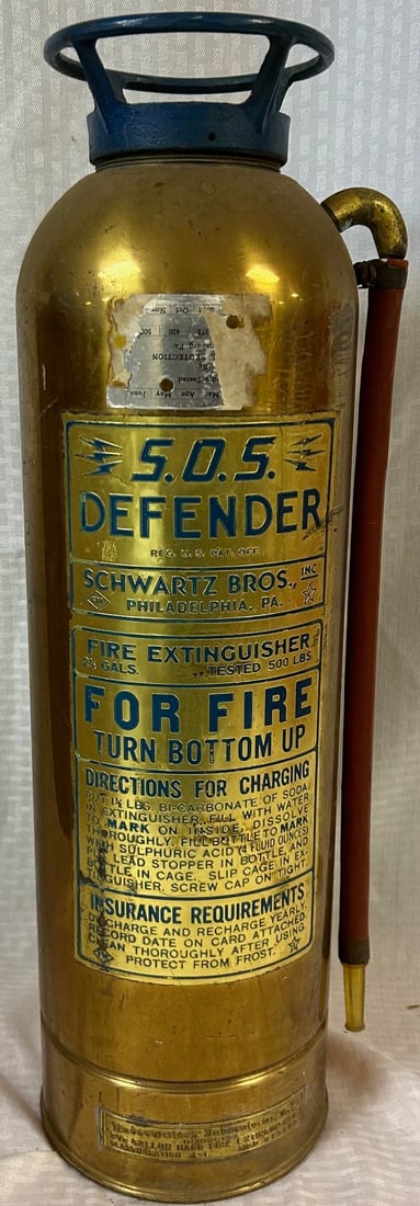 VINTAGE BRASS "S.O.S. DEFENDER" FIRE EXTINGUISHER (1 of 3)