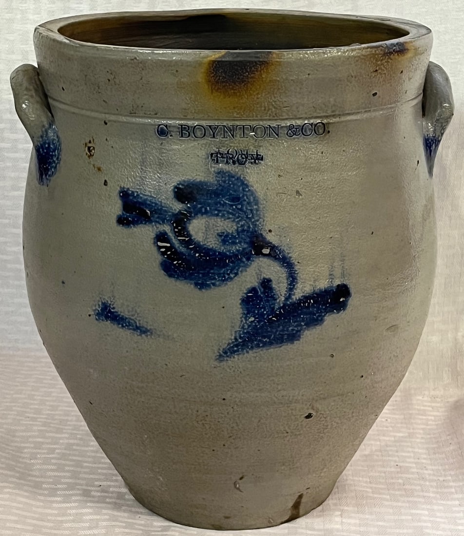 19TH C. BLUE DECORATED 3 GAL. STONEWARE CROCK - "C. BOYNTON & CO. TROY" (1 of 9)