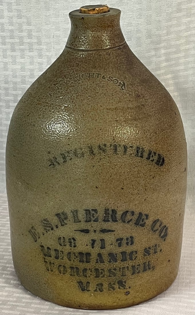 19TH C. BLUE STENCILED 1 GAL. STONEWARE JUG - E.S. PIERCE & CO. (1 of 9)