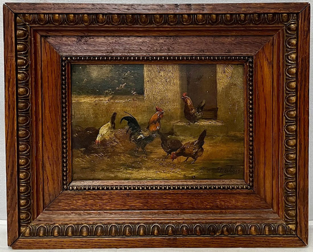 ANTIQUE OIL ON BOARD BARNYARD SCENE - ROOSTER & CHICKENS - "DUBOIS" (1 of 10)