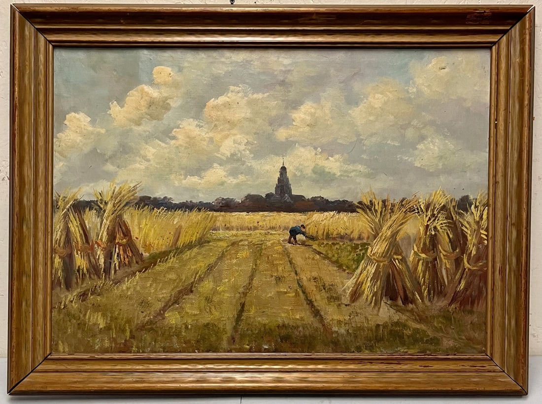 OIL ON CANVAS IMPRESSIONIST PAINTING - FARMER WORKING HAYSTACKS (1 of 10)
