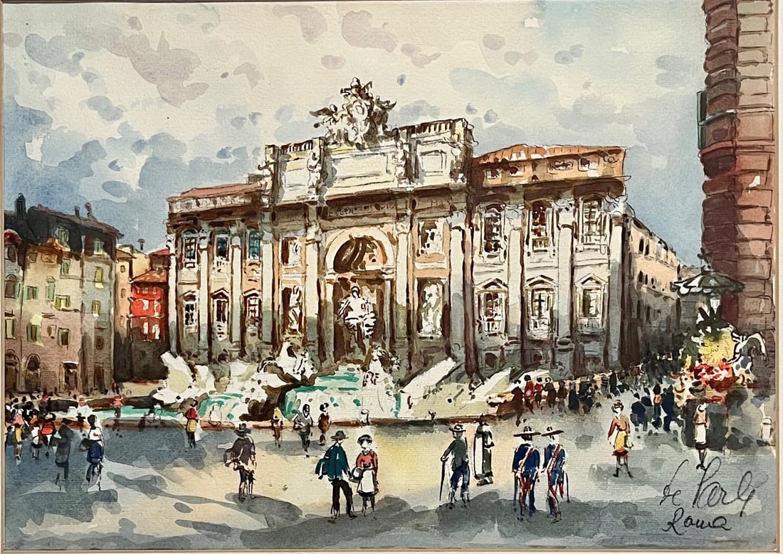 FRAMED ROME ITALY STREET SCENE WATER COLOR PAINTING - TREVI FOUNTAIN (1 of 6)