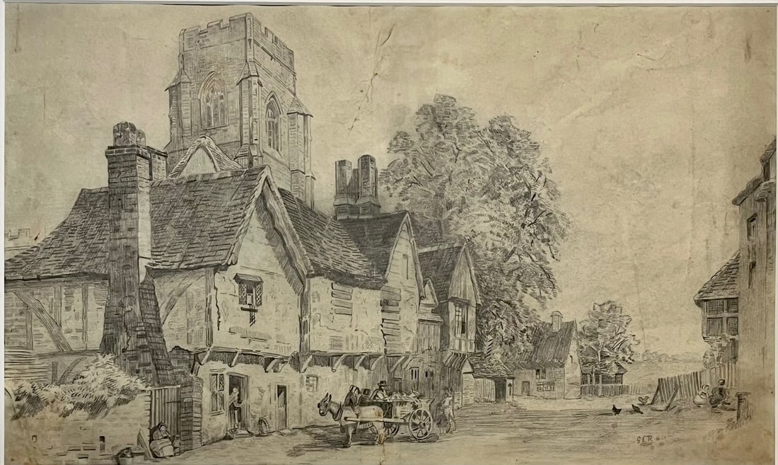 19TH C. GRAPHITE ON PAPER COUNTRY TOWN LANDSCAPE DATED 1868 (1 of 9)