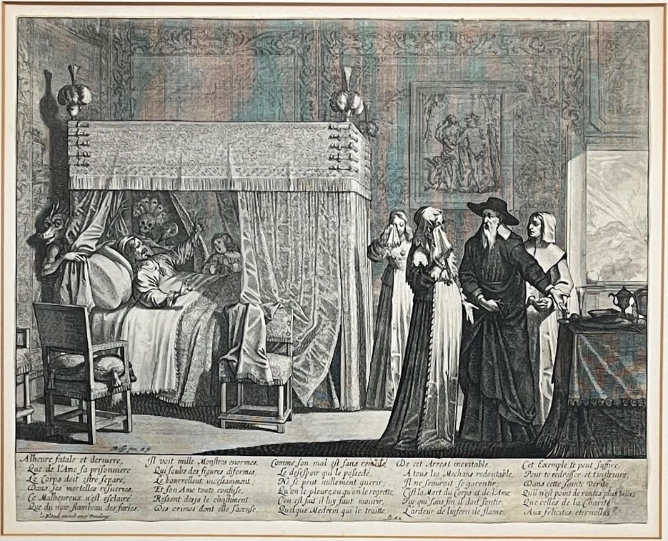 MID 17TH C. FRENCH ETCHING "THE DEATH OF THE RICH MAN" (1 of 9)
