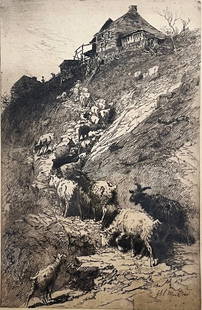 ANTIQUE FRAMED ETCHING BY JOHN AUSTIN SANDS MONKS (1850-1917): ANTIQUE FRAMED ETCHING BY JOHN AUSTIN SANDS MONKS AND DATED 1985 (1850-1917, ACTIVE / LIVED IN MASSACHUSETTS, ILLINOIS)- PASTORAL SCENE WITH SHEEP - MEASURES APPROX. 11 1/2" WIDE X 15" HIGH