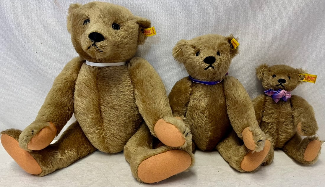 3 VINTAGE STEIFF JOINTED MOHAIR TEDDY BEARS - 9 1/2" - 15 1/2" HIGH (1 of 10)