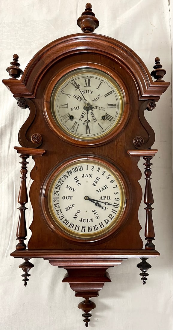 19TH C. VICTORIAN WALNUT WELCH SPRING DOUBLE DIAL CALENDAR CLOCK (1 of 10)