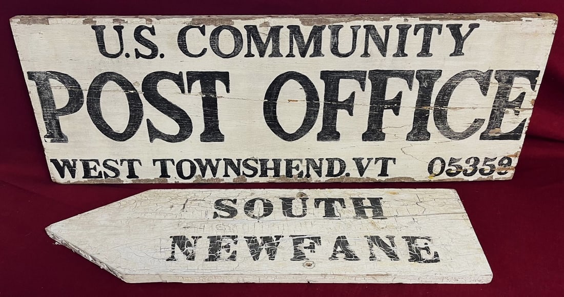 TWO VINTAGE PAINTED WOODEN SIGNS - WEST TOWNSHEND & NEWFANE VT. (1 of 6)