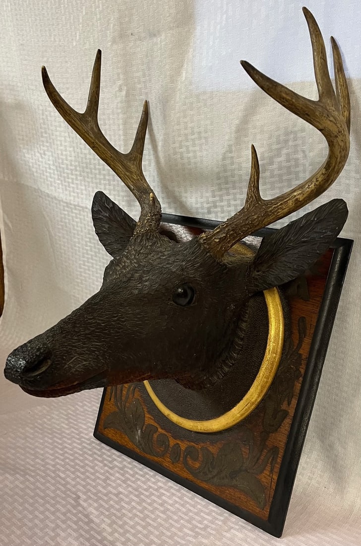 CARVED WOODEN FOLK ART DEER HEAD W/ DEER ANTLERS - H. LEACH, BOSTON (1 of 19)