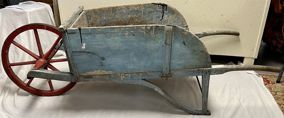 ANTIQUE WOODEN WHEEL BARROW IN ORIGINAL BLUE & RED PAINT (1 of 10)