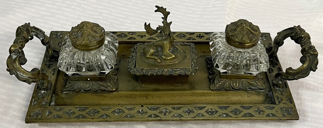 19TH C. ANTIQUE DECORATIVE BRONZE DOUBLE INKWELL (1 of 13)