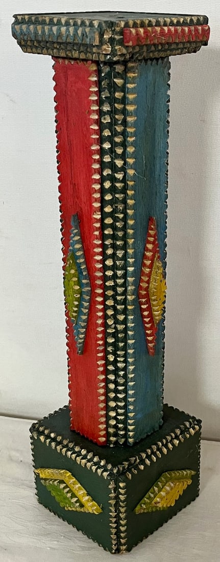 17 1/2" MULTI-COLOR PAINT DECORATED TRAMP ART TABEL TOP PEDESTAL (1 of 12)